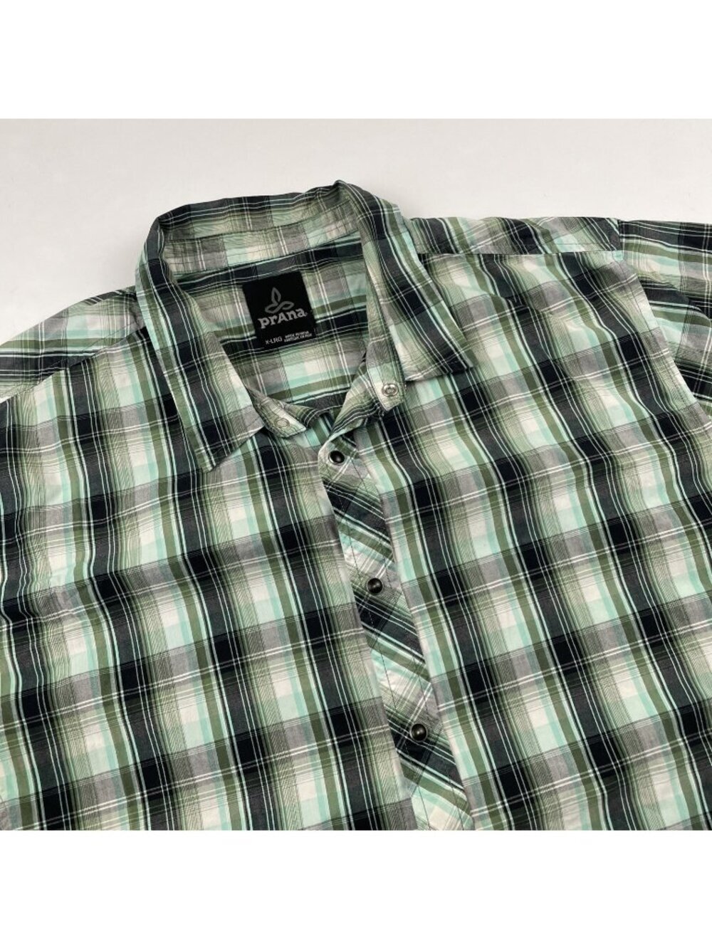 Prana Pearl Snap Shirt Men’s XL Short Sleeve Plaid Green Organic Cotton Outdoors